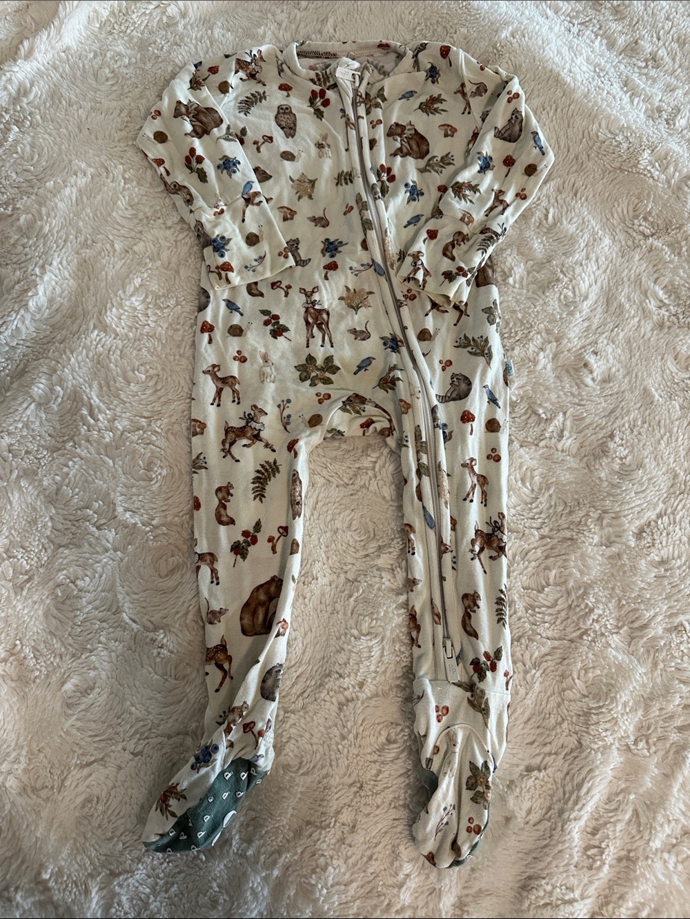 Posh Peanut Cream Woodland Animal Footed One-Piece with Neutral Prints